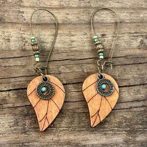 Handcrafted Wooden Leaf Earrings with Turquoise Accent